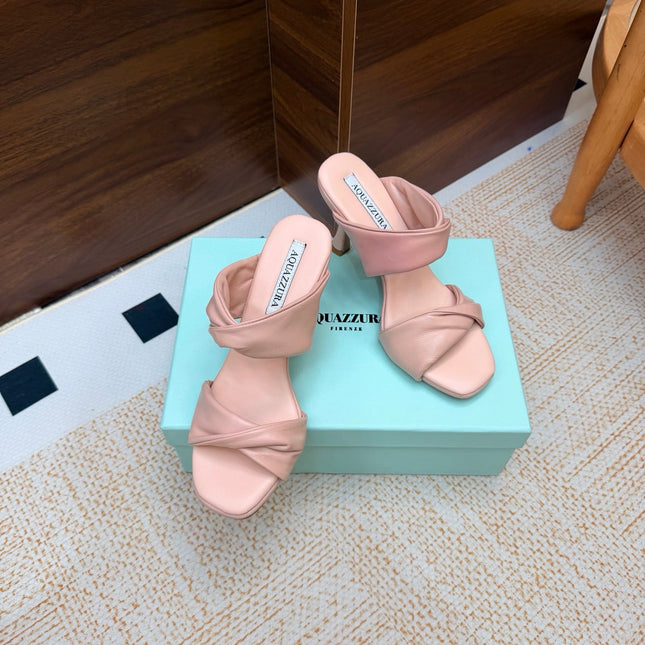AQUAZZURA 26S TWISTED HEEL SANDALS 85 MM IN LIGHT PINK LAMBSKIN