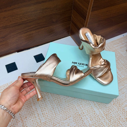 AQUAZZURA 26S TWISTED HEEL SANDALS 85 MM IN SOFT GOLD LAMBSKIN