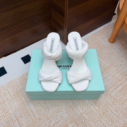 AQUAZZURA 26S TWISTED HEEL SANDALS 85 MM IN WHITE LAMBSKIN