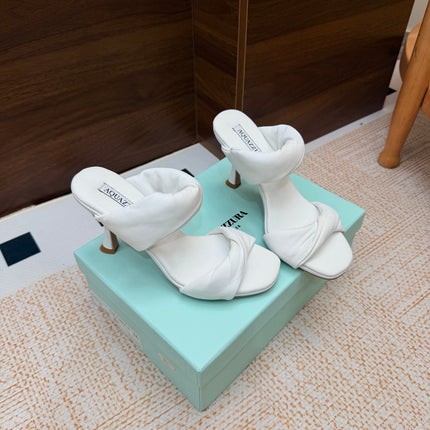 AQUAZZURA 26S TWISTED HEEL SANDALS 85 MM IN WHITE LAMBSKIN