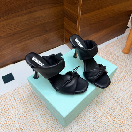 AQUAZZURA 26S TWISTED HEEL SANDALS 85 MM IN BLACK LAMBSKIN