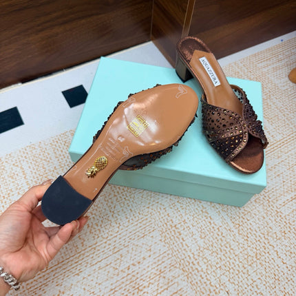 AQUAZZURA 26S CELESTE SANDALS 55 MM IN BRONZE MESH & LEATHER
