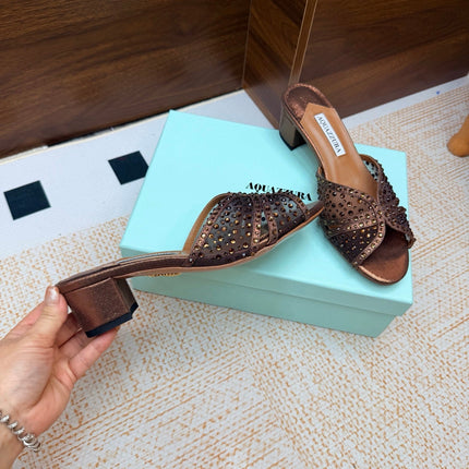 AQUAZZURA 26S CELESTE SANDALS 55 MM IN BRONZE MESH & LEATHER