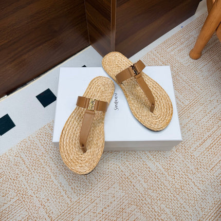 YSL 26S THONG SLIDES IN BEIGE RAFFIA AND LIGHT BROWN CALFSKIN