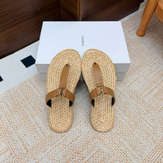 YSL 26S THONG SLIDES IN BEIGE RAFFIA AND LIGHT BROWN CALFSKIN
