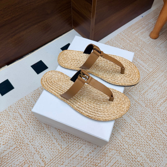 YSL 26S THONG SLIDES IN BEIGE RAFFIA AND LIGHT BROWN CALFSKIN