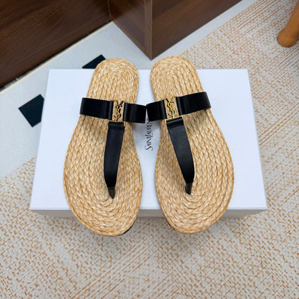 YSL 26S THONG SLIDES IN BEIGE RAFFIA AND BLACK CALFSKIN