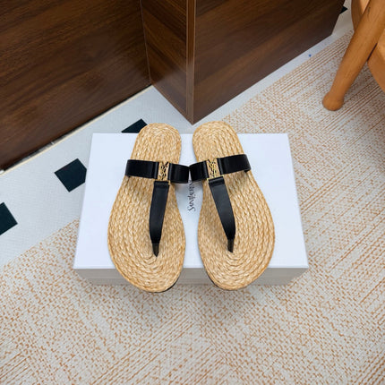 YSL 26S THONG SLIDES IN BEIGE RAFFIA AND BLACK CALFSKIN