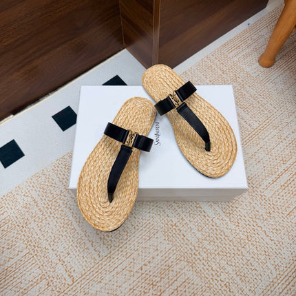 YSL 26S THONG SLIDES IN BEIGE RAFFIA AND BLACK CALFSKIN