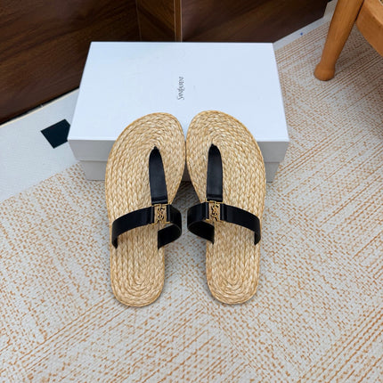 YSL 26S THONG SLIDES IN BEIGE RAFFIA AND BLACK CALFSKIN