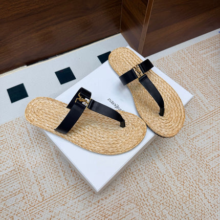 YSL 26S THONG SLIDES IN BEIGE RAFFIA AND BLACK CALFSKIN
