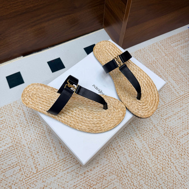 YSL 26S THONG SLIDES IN BEIGE RAFFIA AND BLACK CALFSKIN