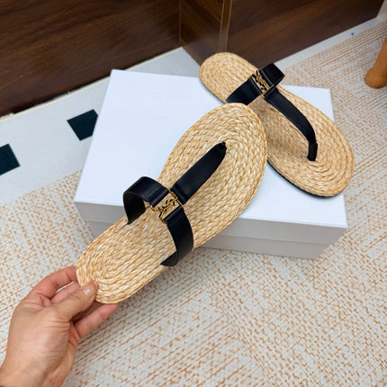 YSL 26S THONG SLIDES IN BEIGE RAFFIA AND BLACK CALFSKIN