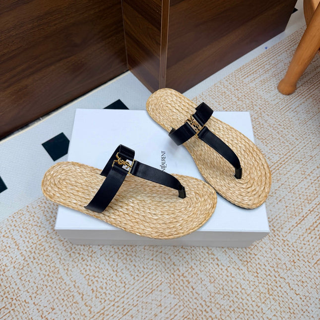 YSL 26S THONG SLIDES IN BEIGE RAFFIA AND BLACK CALFSKIN