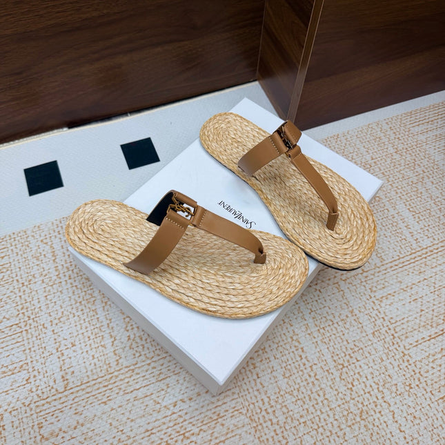 YSL 26S THONG SLIDES IN BEIGE RAFFIA AND LIGHT BROWN CALFSKIN