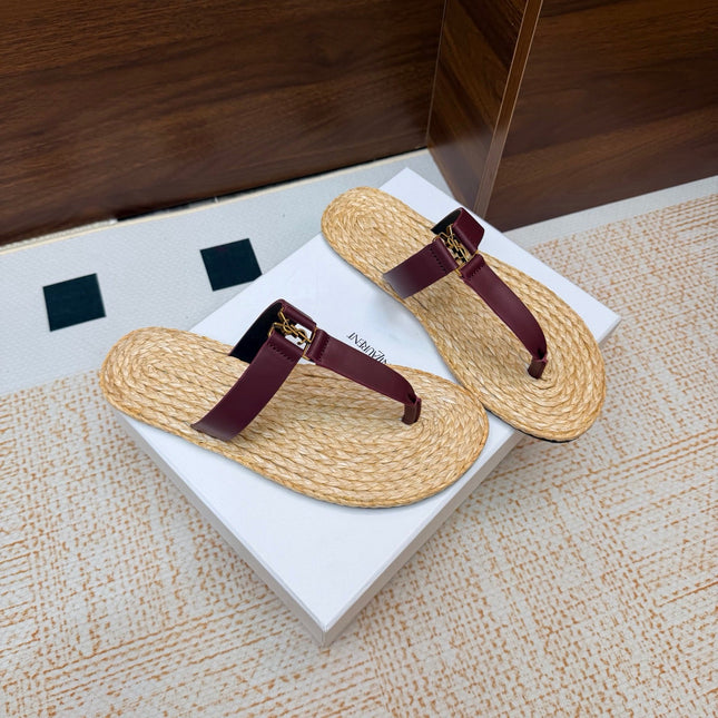 YSL 26S THONG SLIDES IN BEIGE RAFFIA AND WINE RED CALFSKIN
