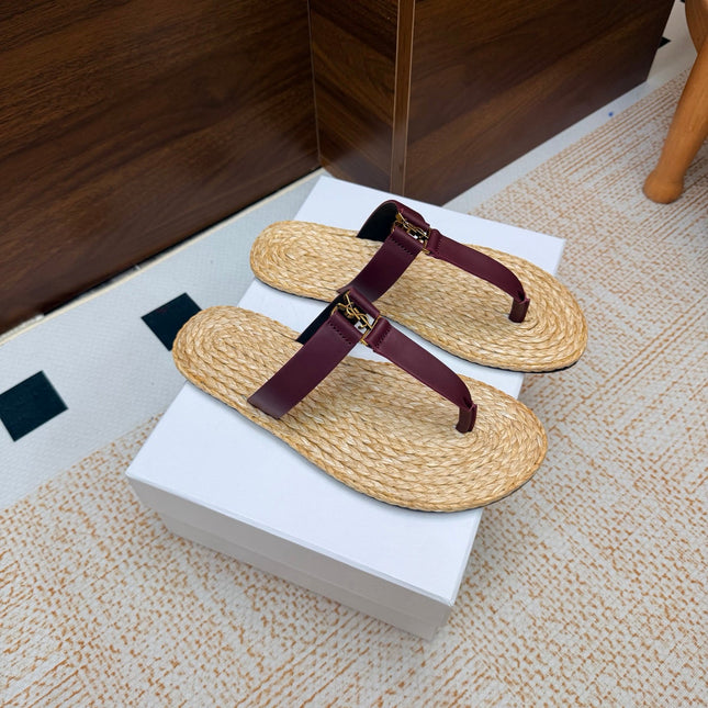 YSL 26S THONG SLIDES IN BEIGE RAFFIA AND WINE RED CALFSKIN