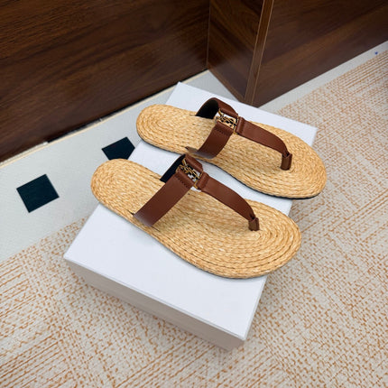 YSL 26S THONG SLIDES IN BEIGE RAFFIA AND BROWN CALFSKIN