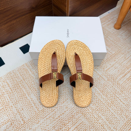 YSL 26S THONG SLIDES IN BEIGE RAFFIA AND BROWN CALFSKIN