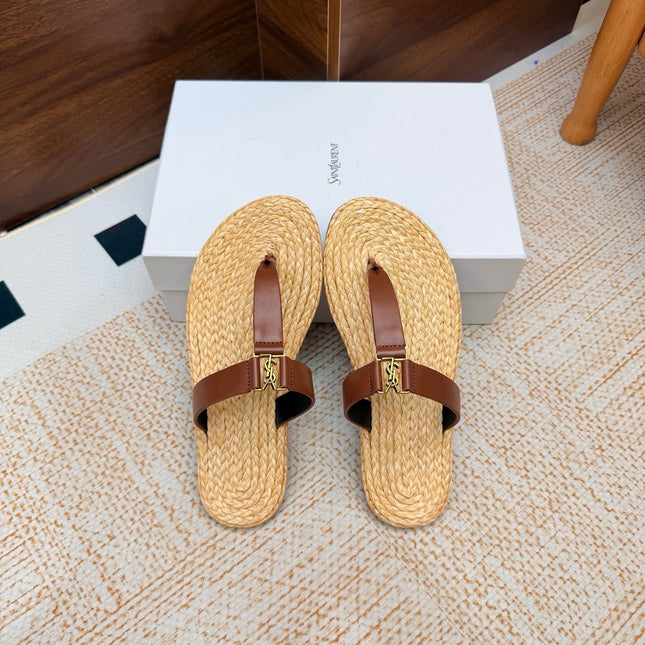 YSL 26S THONG SLIDES IN BEIGE RAFFIA AND BROWN CALFSKIN
