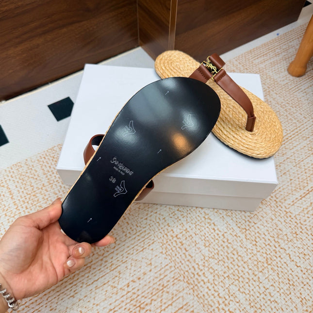 YSL 26S THONG SLIDES IN BEIGE RAFFIA AND BROWN CALFSKIN