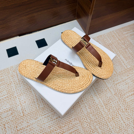 YSL 26S THONG SLIDES IN BEIGE RAFFIA AND BROWN CALFSKIN