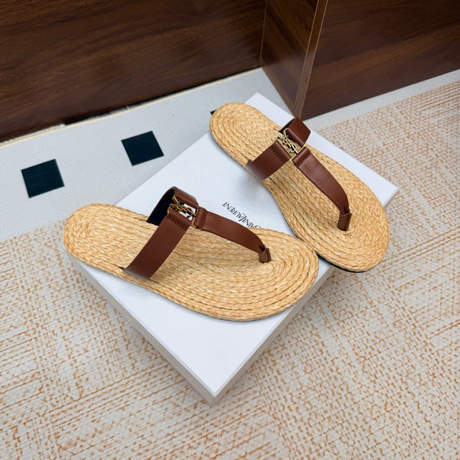 YSL 26S THONG SLIDES IN BEIGE RAFFIA AND BROWN CALFSKIN