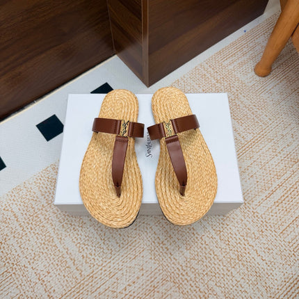YSL 26S THONG SLIDES IN BEIGE RAFFIA AND BROWN CALFSKIN