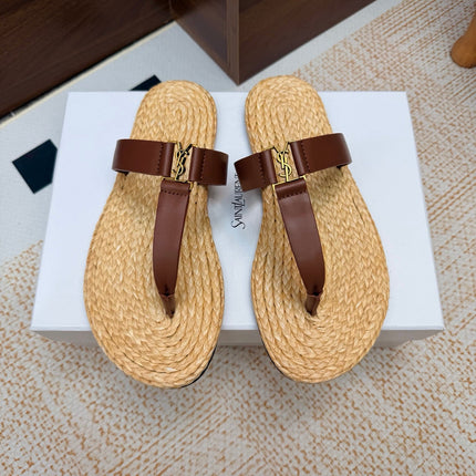 YSL 26S THONG SLIDES IN BEIGE RAFFIA AND BROWN CALFSKIN