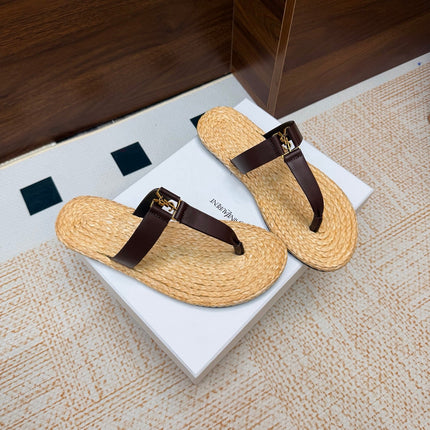 YSL 26S THONG SLIDES IN BEIGE RAFFIA AND DARK BROWN CALFSKIN