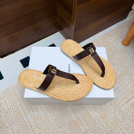 YSL 26S THONG SLIDES IN BEIGE RAFFIA AND DARK BROWN CALFSKIN