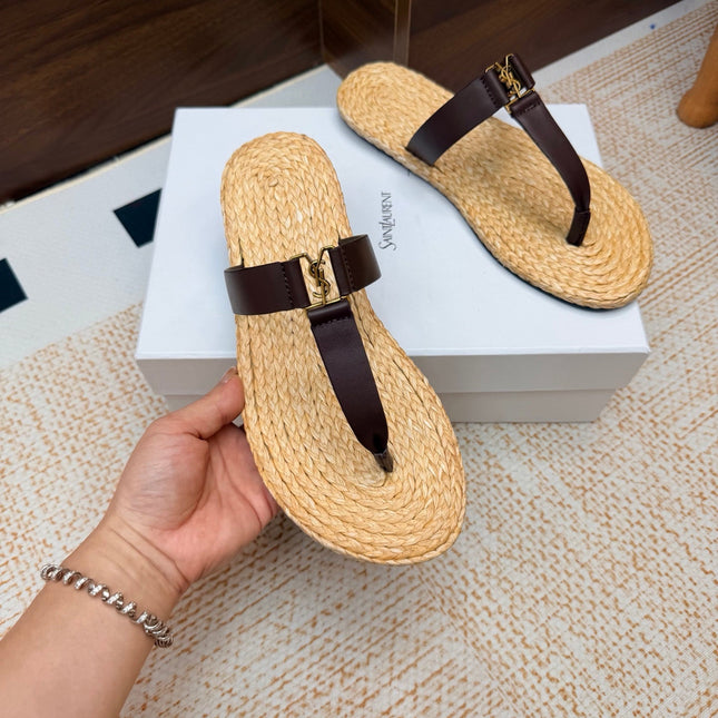 YSL 26S THONG SLIDES IN BEIGE RAFFIA AND DARK BROWN CALFSKIN