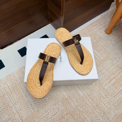YSL 26S THONG SLIDES IN BEIGE RAFFIA AND DARK BROWN CALFSKIN