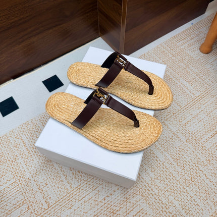 YSL 26S THONG SLIDES IN BEIGE RAFFIA AND DARK BROWN CALFSKIN