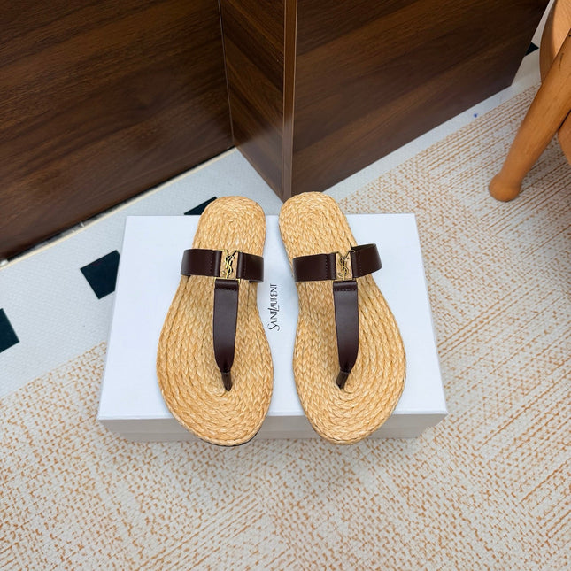 YSL 26S THONG SLIDES IN BEIGE RAFFIA AND DARK BROWN CALFSKIN