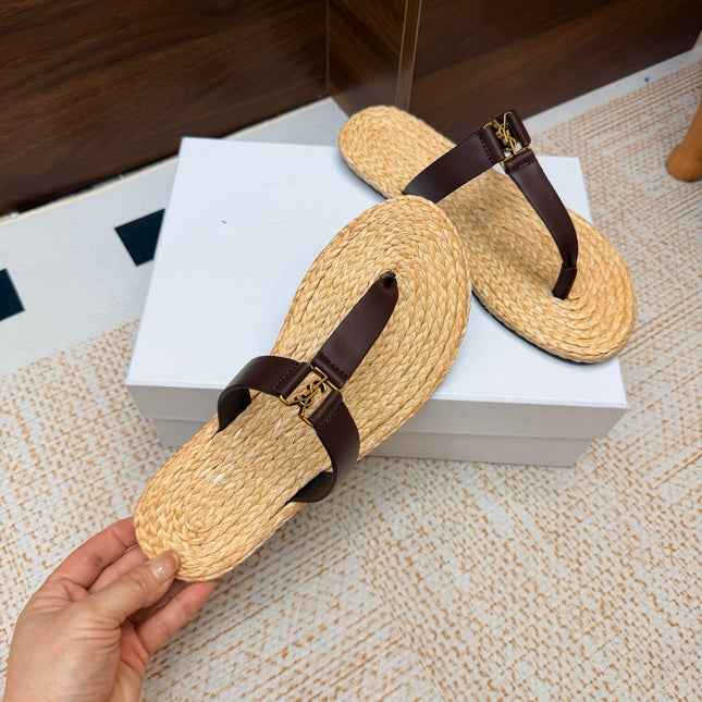 YSL 26S THONG SLIDES IN BEIGE RAFFIA AND DARK BROWN CALFSKIN