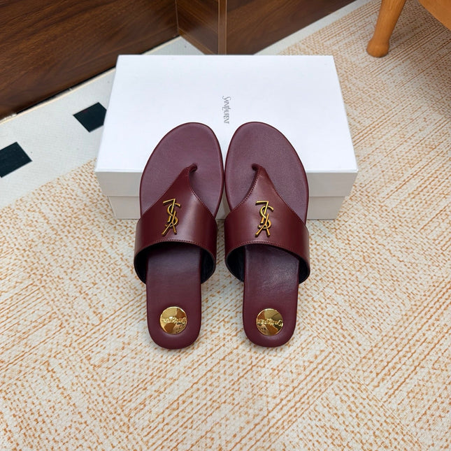 YSL 26S THONG SANDALS IN WINE RED CALFSKIN