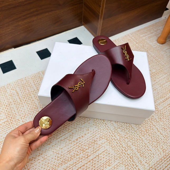 YSL 26S THONG SANDALS IN WINE RED CALFSKIN