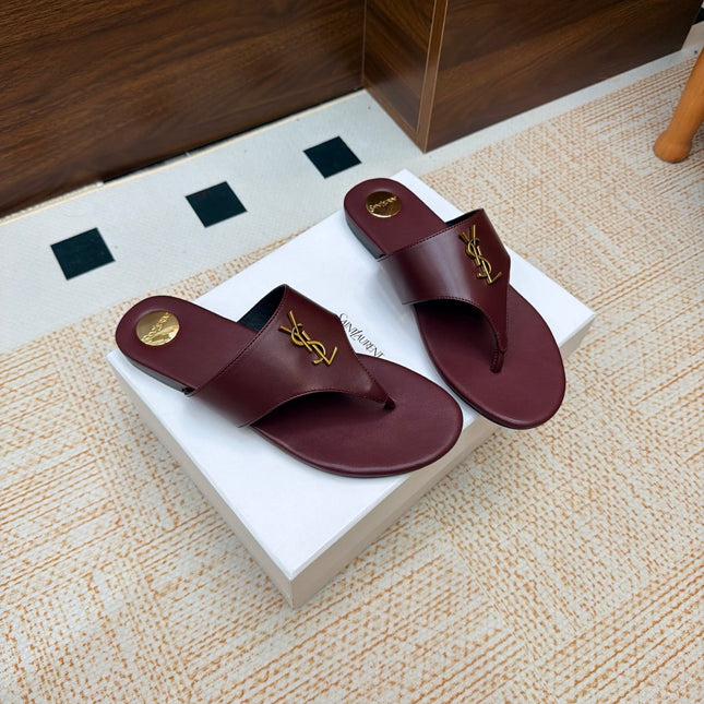 YSL 26S THONG SANDALS IN WINE RED CALFSKIN