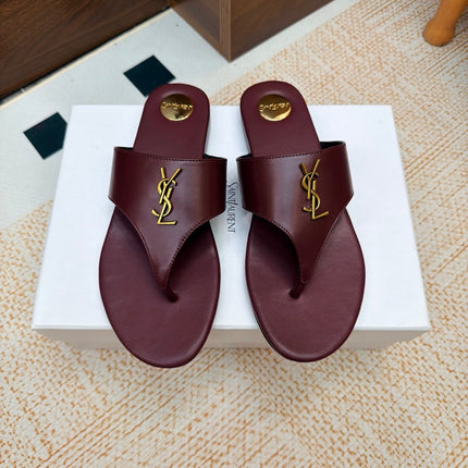 YSL 26S THONG SANDALS IN WINE RED CALFSKIN