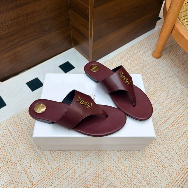 YSL 26S THONG SANDALS IN WINE RED CALFSKIN