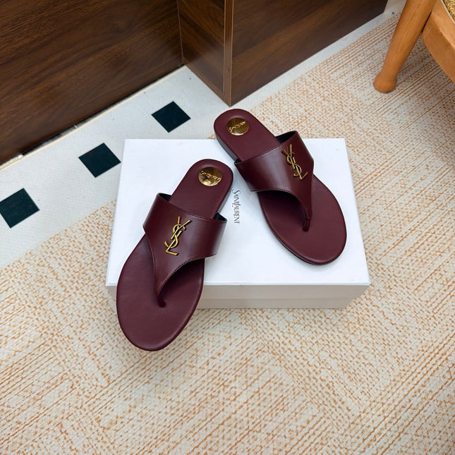 YSL 26S THONG SANDALS IN WINE RED CALFSKIN