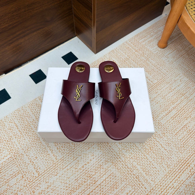YSL 26S THONG SANDALS IN WINE RED CALFSKIN