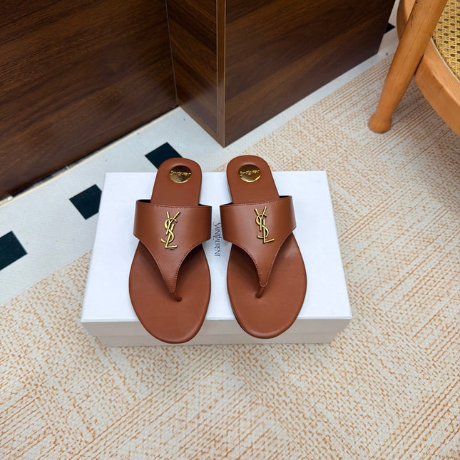 YSL 26S THONG SANDALS IN BROWN CALFSKIN
