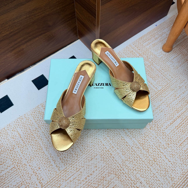 AQUAZZURA 26S CELESTE SLIDE SANDALS 55 MM IN GOLD CALFSKIN
