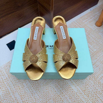AQUAZZURA 26S CELESTE SLIDE SANDALS 55 MM IN GOLD CALFSKIN