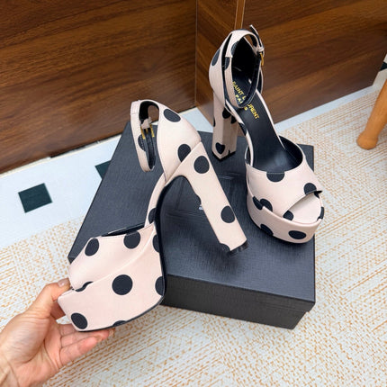 YSL 26S HEEL SANDALS 125 MM IN NUDE & BLACK POLKA-DOT SATIN