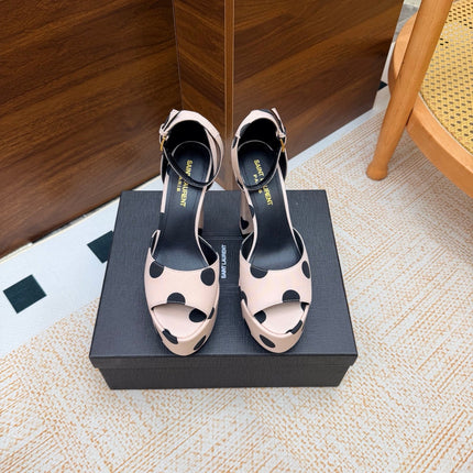 YSL 26S HEEL SANDALS 125 MM IN NUDE & BLACK POLKA-DOT SATIN