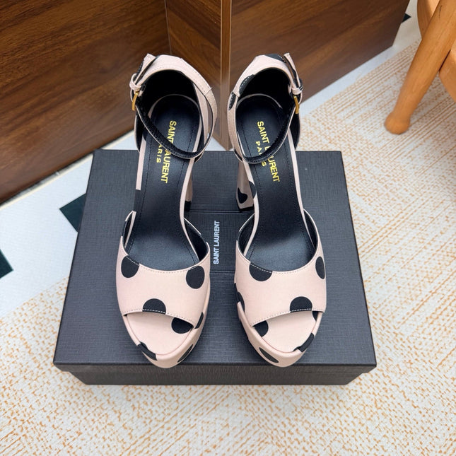 YSL 26S HEEL SANDALS 125 MM IN NUDE & BLACK POLKA-DOT SATIN