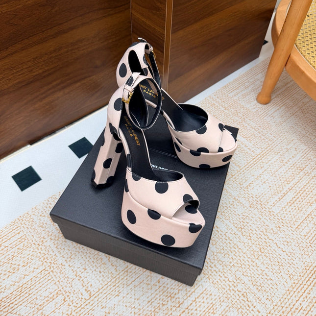 YSL 26S HEEL SANDALS 125 MM IN NUDE & BLACK POLKA-DOT SATIN